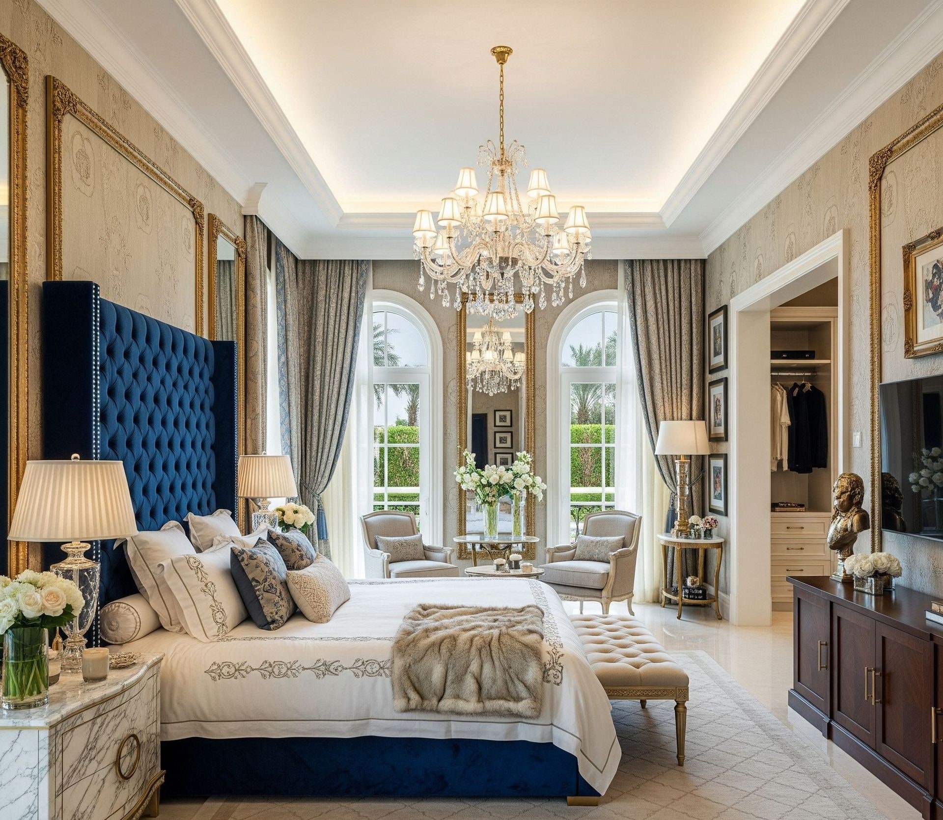 Luxury master bedroom interior design by ELEV&Eacute; in Emirates Hills, Dubai