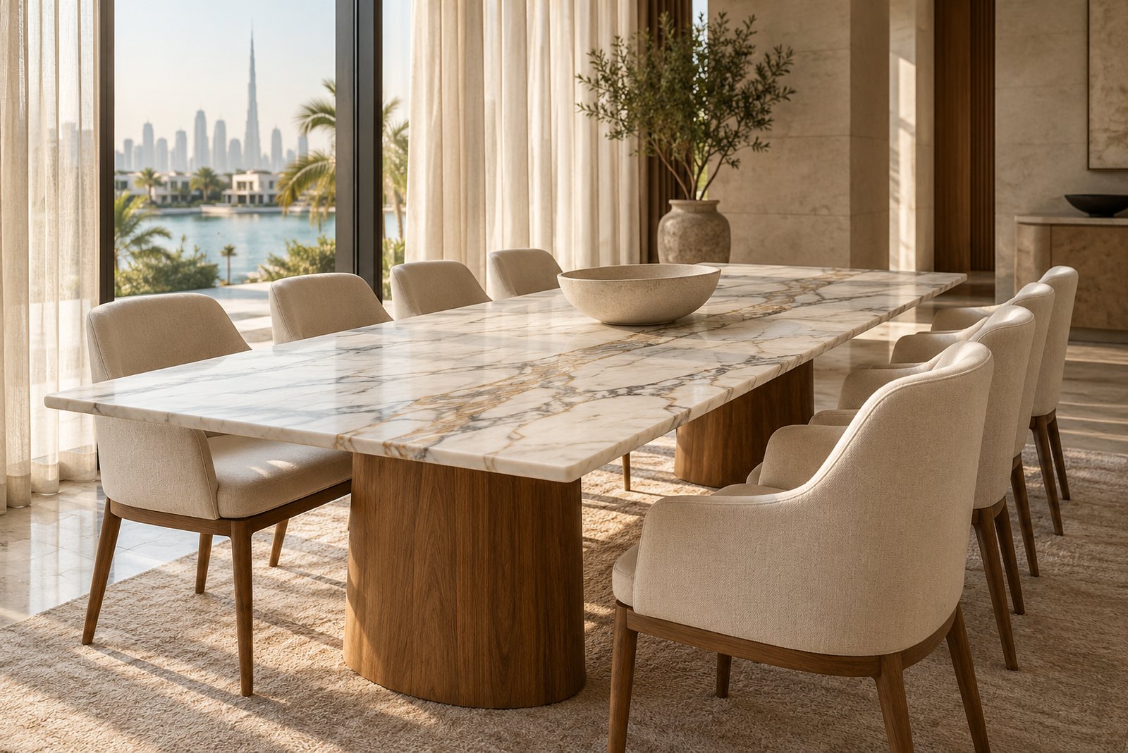 Long Calacatta marble dining table on solid teak pedestals in a Dubai villa dining room overlooking the water