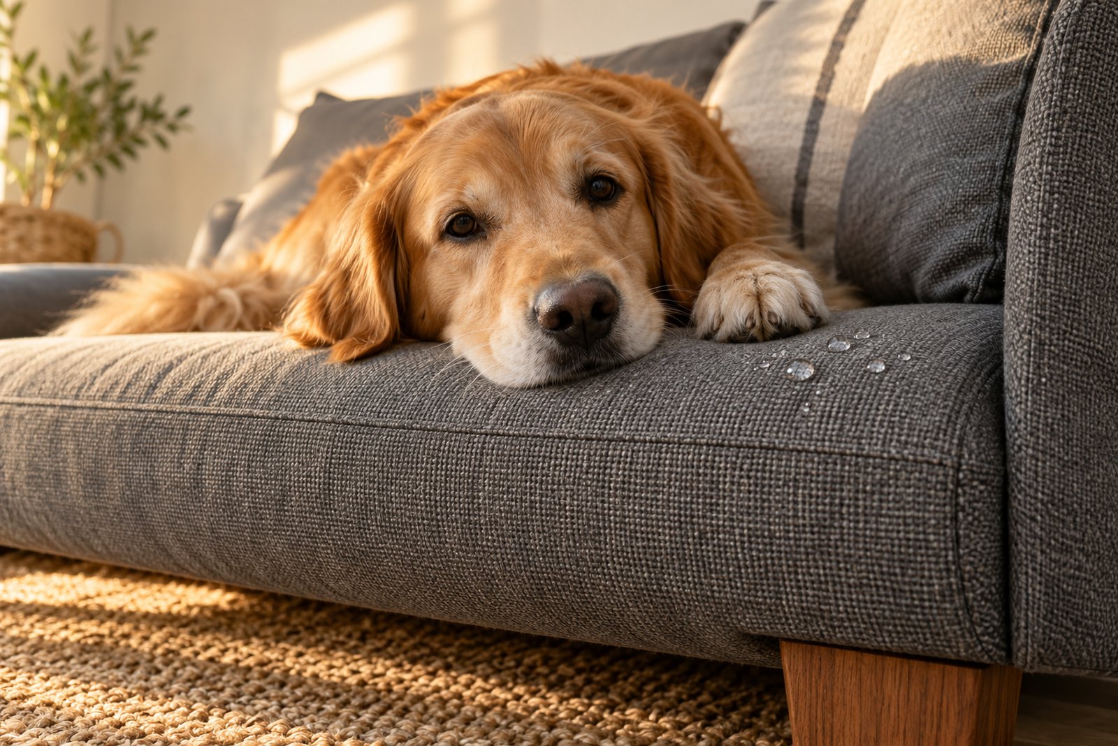 Golden retriever resting on a sofa in a tight grey performance weave, with water beading on the fabric