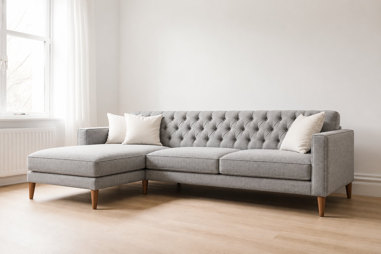 Light grey L-shaped sofa with a diamond button-tufted back, piped cushions, track arms and solid teak legs
