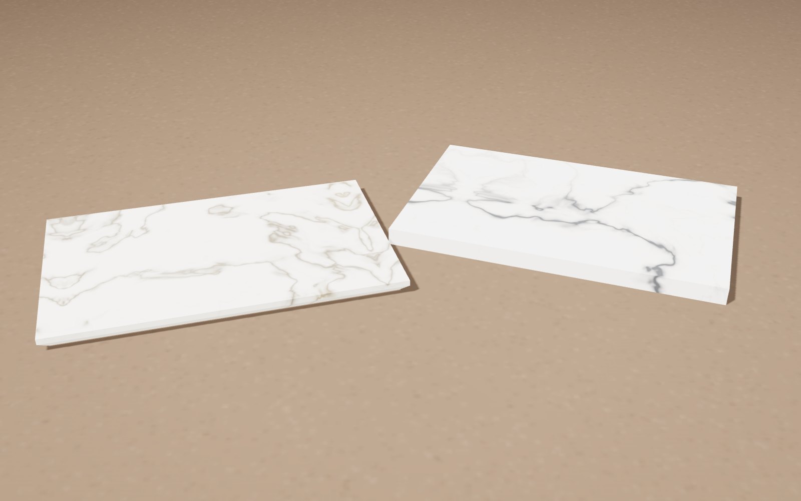 Two stone dining top samples: natural marble with a bevelled 20 mm edge and sintered stone with a 25 mm mitred edge