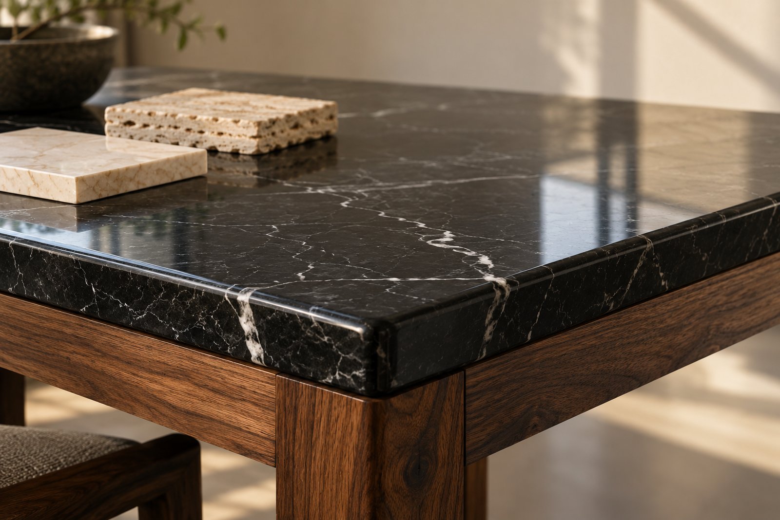 Corner of a black Nero Marquina marble table on a sheesham base, with beige marble and travertine samples beside it
