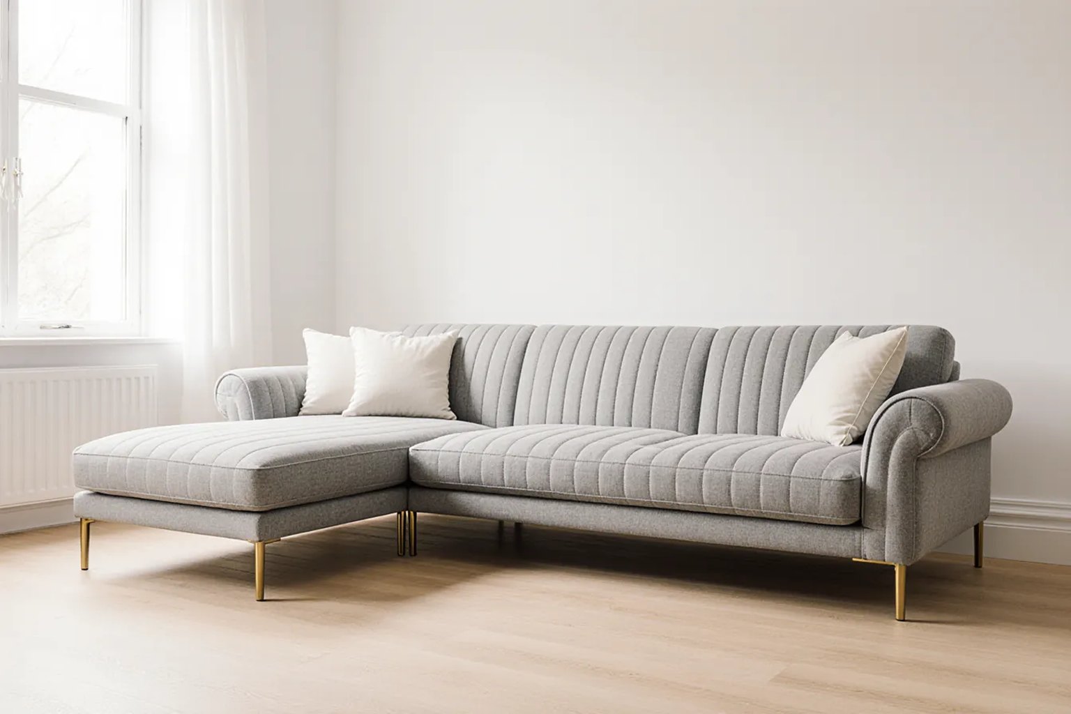 ELEV&Eacute; Channel L-shaped sofa in light grey with a left-facing chaise, channel-stitched back, rolled arms and brushed brass legs, made to order in Dubai
