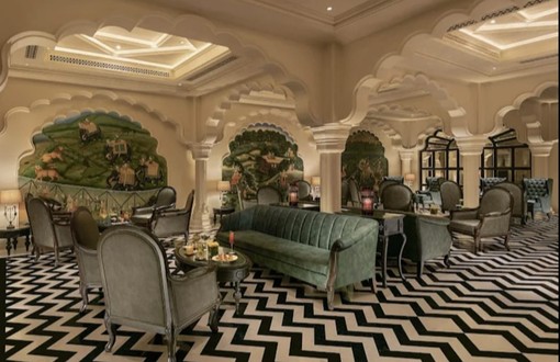 ELEV&Eacute; green velvet sofa collection in luxury palace hotel interior